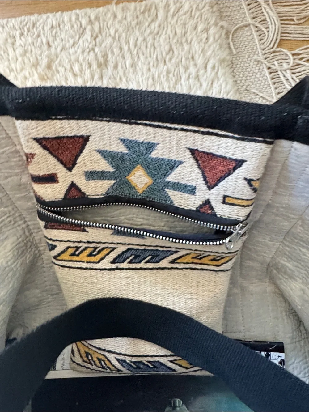 Isabel Marant Cream Tote with Black Straps and Multicolor Geometric Motif